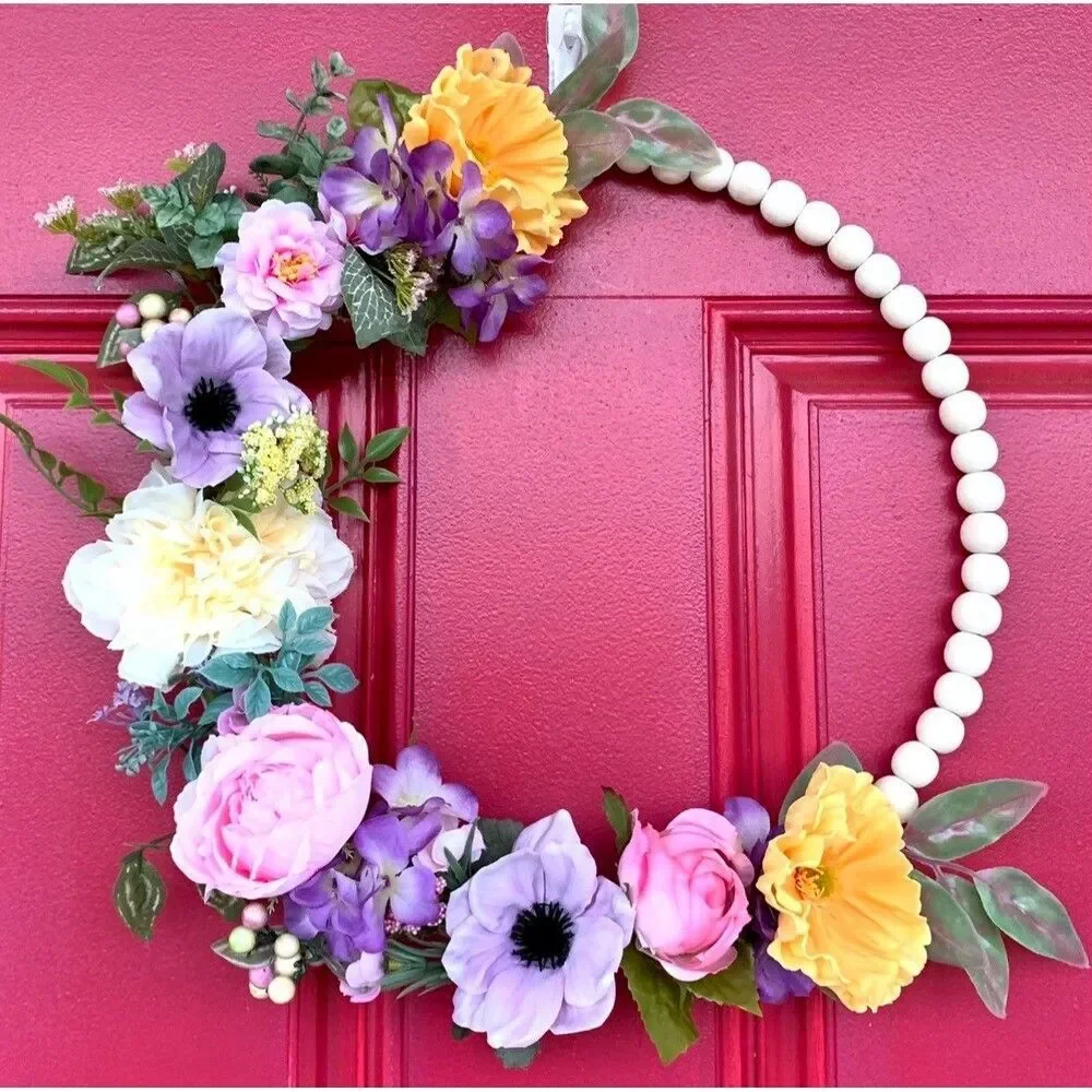 Floral Bead Hoop Wreath: Poppy, Anemone, Eucalyptus, Farmhouse Decor
